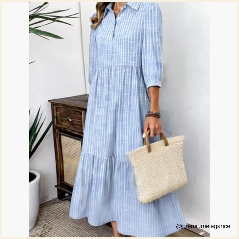 Maxi Dress with Pockets, 3/4 Sleeve, Loose Fit, Tiered Skirt, V-Neck - Picture 4 of 7